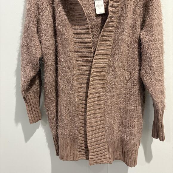 NWT Express Sweater Womens XS Tan Mocha Hooded Open Front Cardigan Cozy Fuzzy - Picture 4 of 13